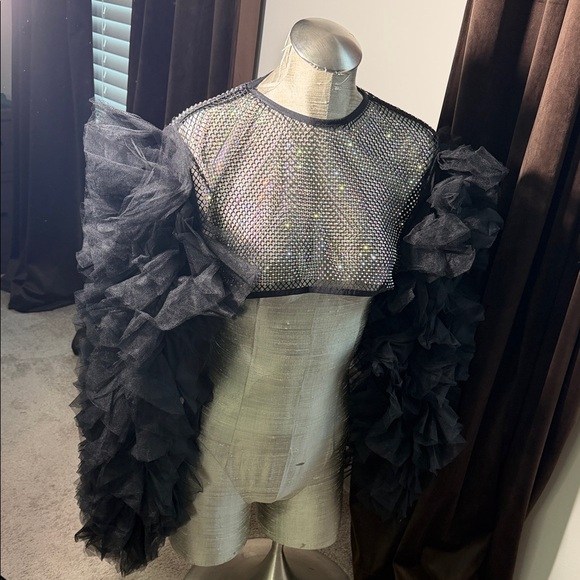 Madrag Tops - Black Sheer Ruffle Sleeve Crop Top